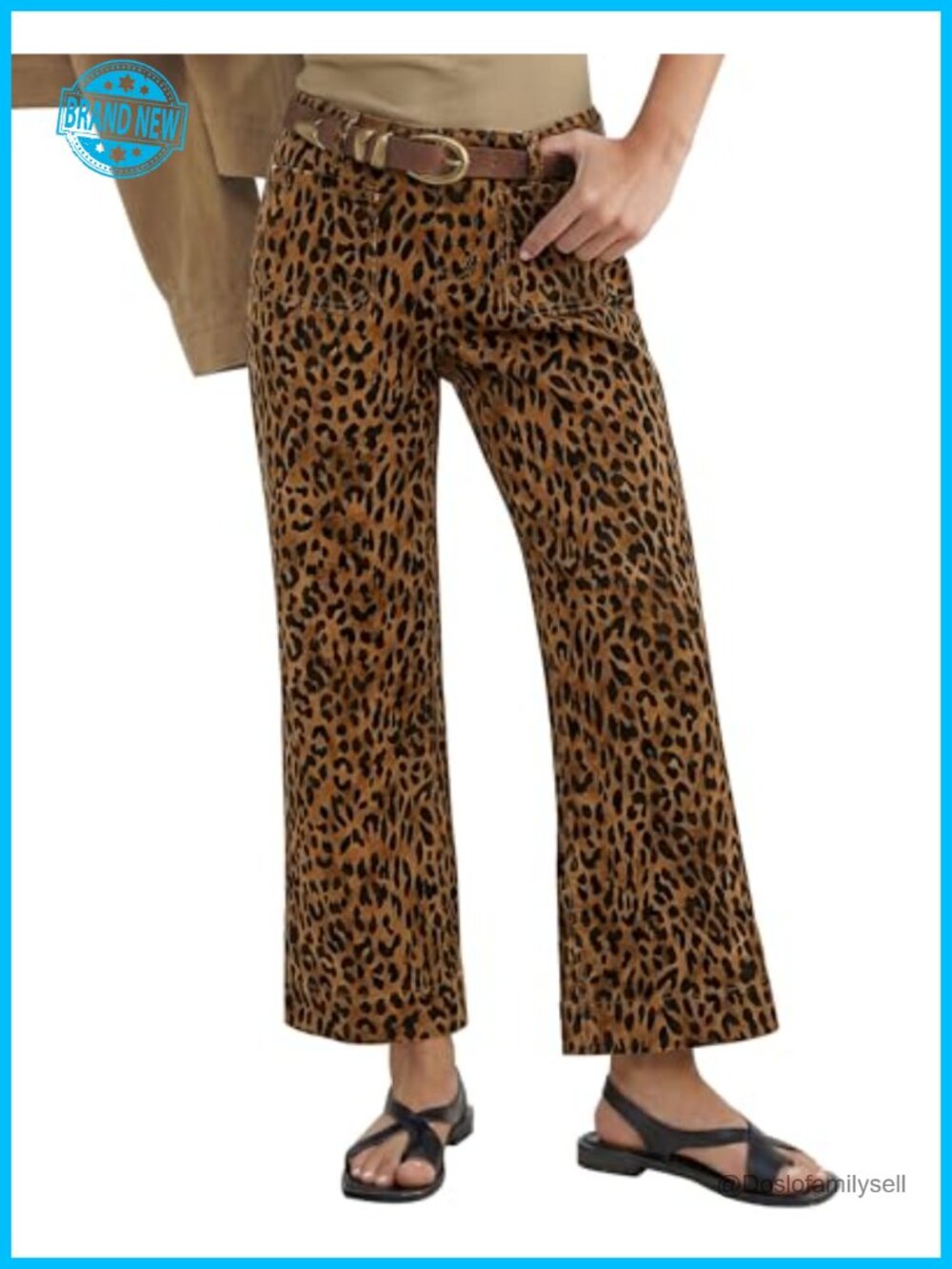 High Waisted Wide Leg Cropped Jeans Animal Print Patch Pocket Flare Denim